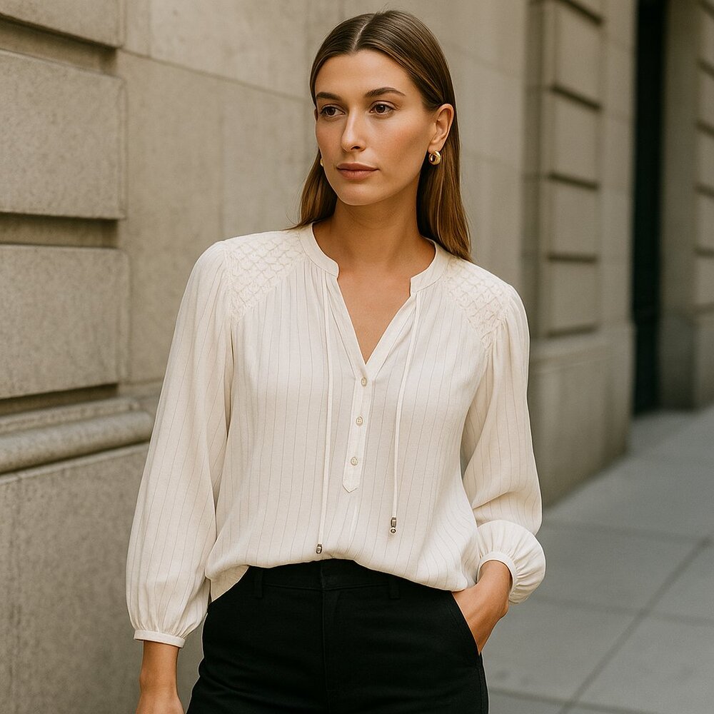 Women's Cream V-Neck Button Detail Blouse